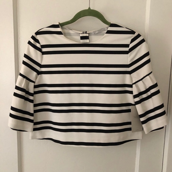 Zara Sripped Baloon Sleeve Crop Top Sz. M - Picture 1 of 3